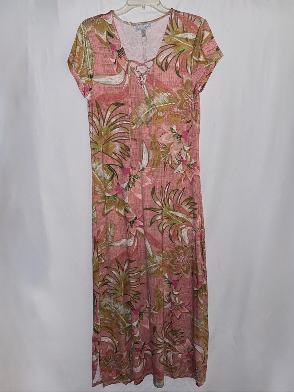 NWT Cupio Short Sleeve Tropical Print Maxi Dress with Lace-Up V-Neck Size Medium